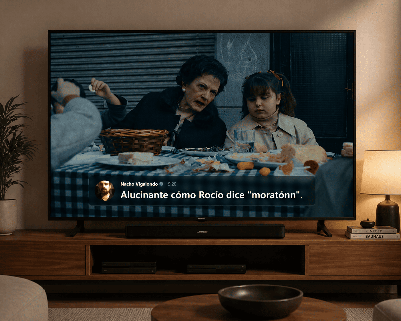 Extension de Cinebla mostrando comentarios destacados sobre una escena animada en una television